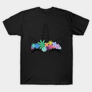 Unicorn Outline with Rainbow Flower Crown T-Shirt